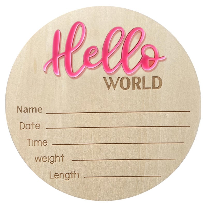 LZEDIRA Baby Announcement Sign - 5.9 Inch Wooden Hello World Newborn Welcome Plaque for Hospital, Nursery or Baby Shower (Pink) - Image 1